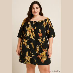 Free People Floral Mini Dress Black Short Sleeve Bohemian Blouson Top Size L